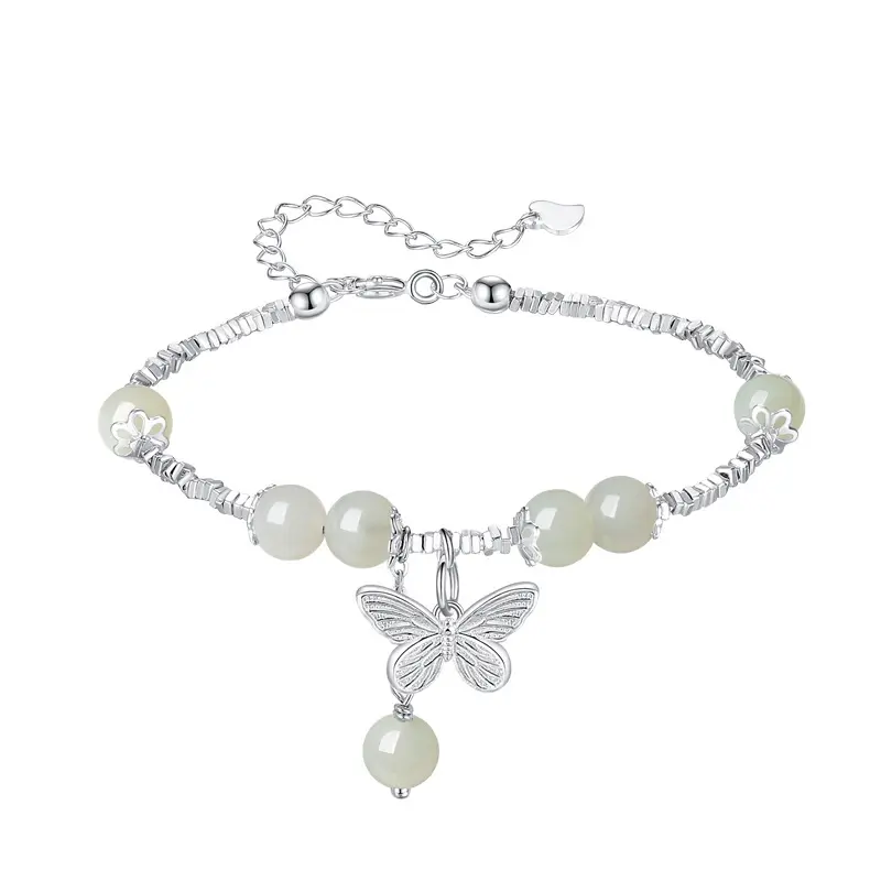 S925 sterling silver and Tian jade silver butterfly bracelet female summer light luxury high-end transfer beads hand string gift
