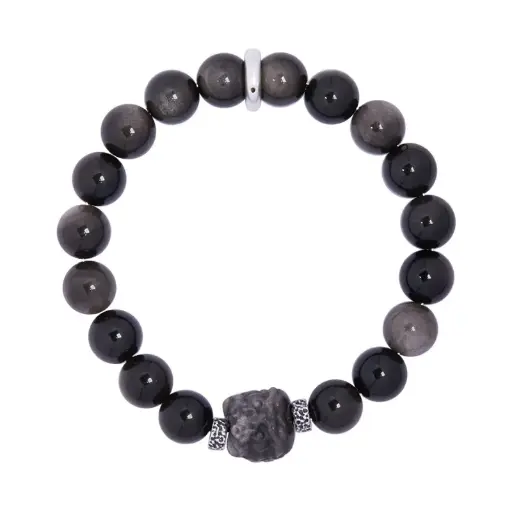 999 Silver Obsidian Lion Beaded Bracelet Retro High-end Design Men's Bracelet