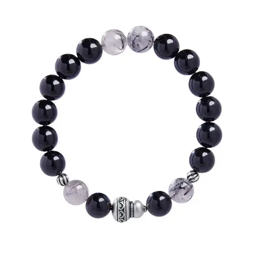 Pure silver 999 natural obsidian gourd bracelet black hair crystal beaded bracelet men's retro simple high-end jewelry