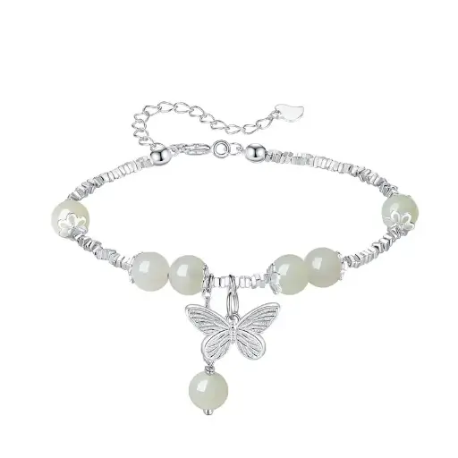 S925 sterling silver and Tian jade silver butterfly bracelet female summer light luxury high-end transfer beads hand string gift