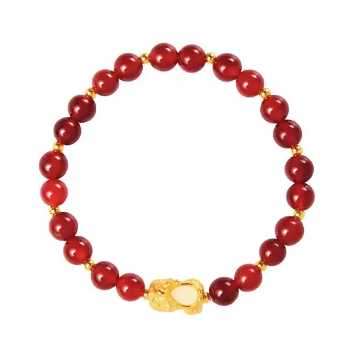 999 Pure Gold Pixiu Inlaid with Hetian Jade Red Agate Beaded Bracelet for Women New Chinese Style High-end Zodiac Year Red Bracelet